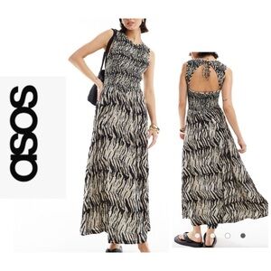ASOS DESIGN Crinkle Shirred Bodice Maxi Dress With Open Back In Animal Print 14